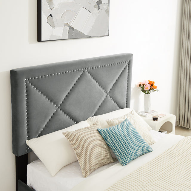 B109 Soft mattress with copper nail headboard, Queen bed, strong wooden slats + metal support feet, Gray Flannelette