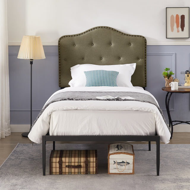 B113 Twin bed, Beautiful headboard with buttons Strong iron frame with high temperature paint