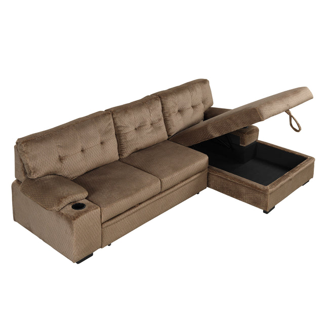 95.7" Modern Padded Upholstered Sofa Bed Sleeper Sectional Sofa with Storage Chaise and Cup Holder for Living Room Furniture Set