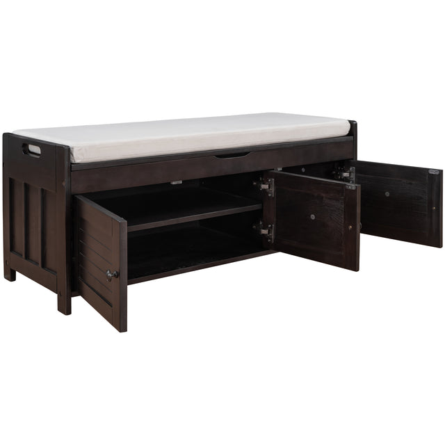 TREXM Storage Bench with 3 Shutter-shaped Doors, Shoe Bench with Removable Cushion and Hidden Storage Space (Espresso)