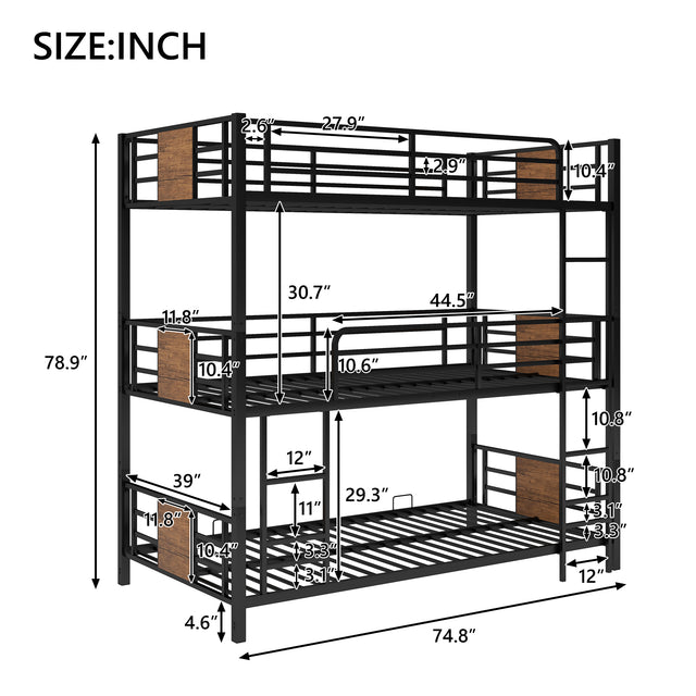 Twin Size Triple Metal Bunk Bed, with Wood Decoration Headboard and Footboard, Brown