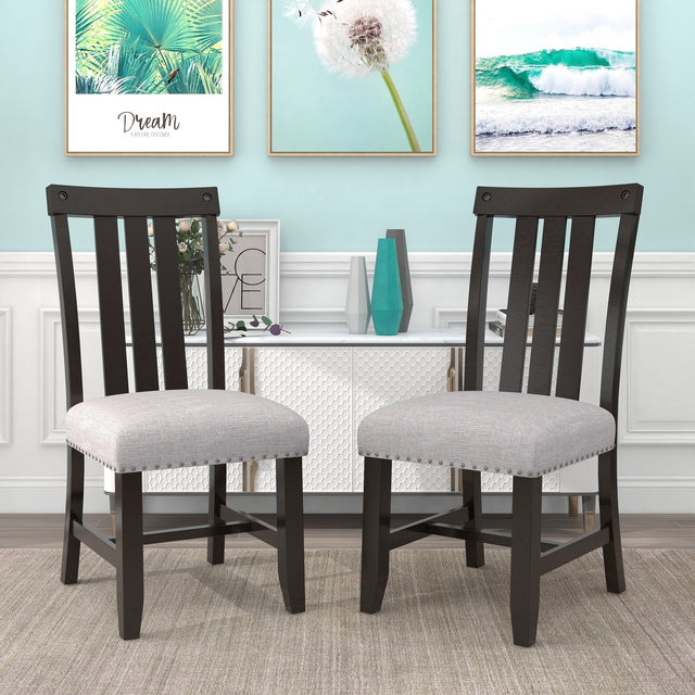 TREXM Set of 2 Fabric Upholstered Dining Chairs with Sliver Nails and Solid Wood Legs (Espresso)