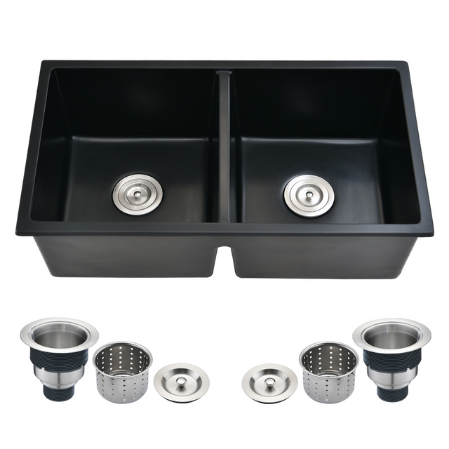 33" L X 18" W Double Bowl Undermount Kitchen Sink With Basket Strainer