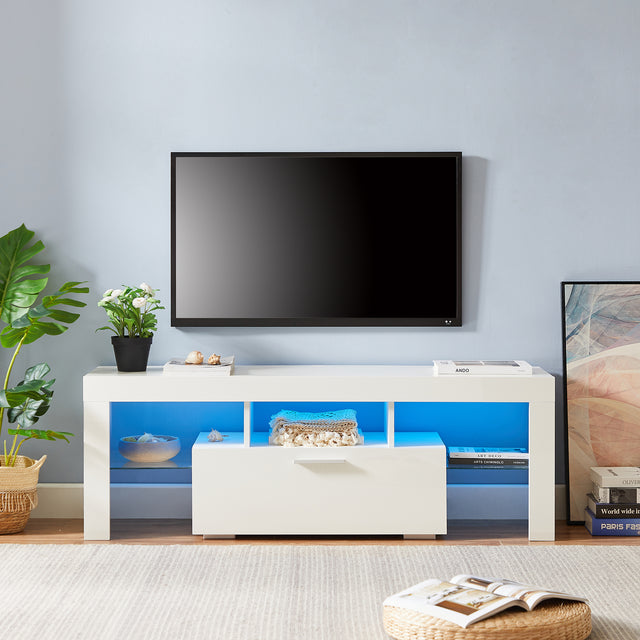 White morden TV Stand with LED Lights,high glossy front TV Cabinet,can be assembled in Lounge Room, Living Room or Bedroom,color:WHITE