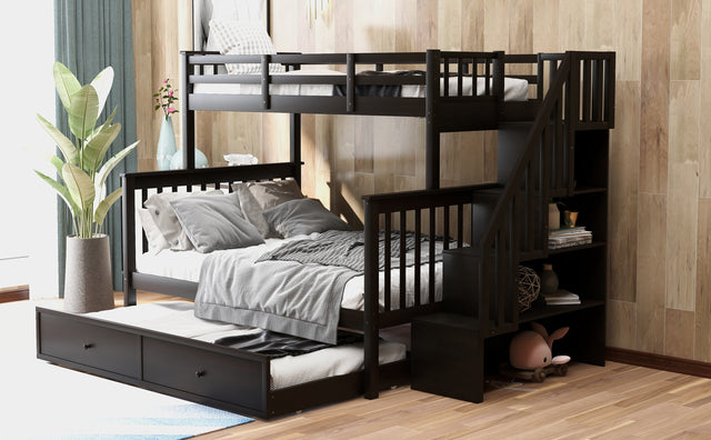 Stairway Twin-Over-Full Bunk Bed with Twin size Trundle, Storage and Guard Rail for Bedroom, Dorm, for Adults, Espresso (OLD SKU :LP000119AAP)