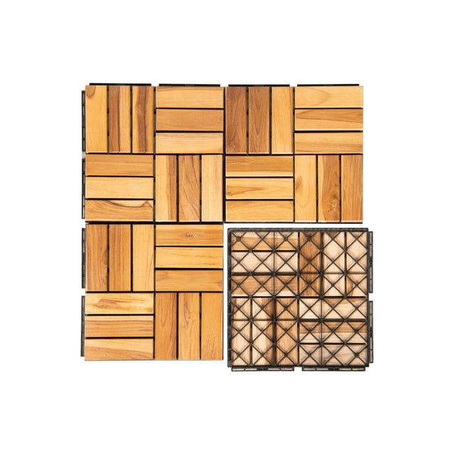 12" x 12" Square Teak Wood Interlocking Flooring Tiles Checker Pattern Pack of 10 Tiles