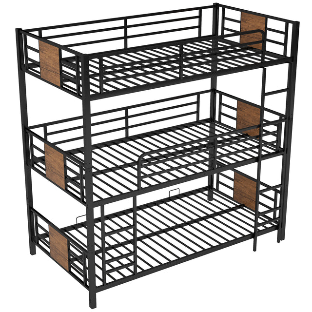 Twin Size Triple Metal Bunk Bed, with Wood Decoration Headboard and Footboard, Brown
