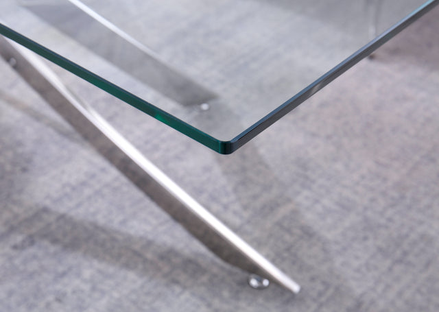 Modern Tempered Glass Top Dining Table, Silver Mirrored Finish