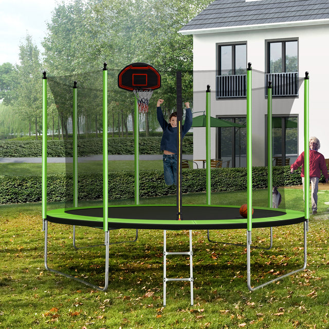 10FT Trampoline with Basketball Hoop Inflator and Ladder(Inner Safety Enclosure) Green