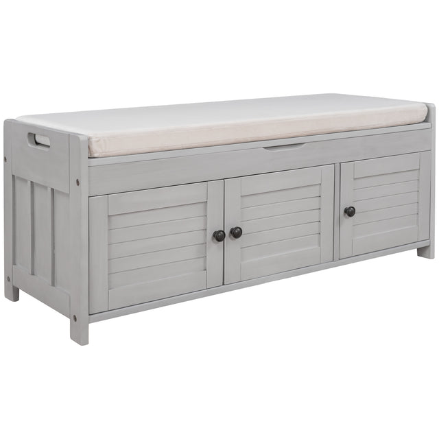 TREXM Storage Bench with 3 Shutter-shaped Doors, Shoe Bench with Removable Cushion and Hidden Storage Space (Gray Wash)