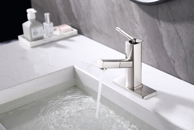 Bathroom Sink Faucet with Pull Out Sprayer, Single Handle Basin Mixer Tap for Hot and Cold Water, Lavatory Pull Down Vessel Sink Faucet with Rotating Spout