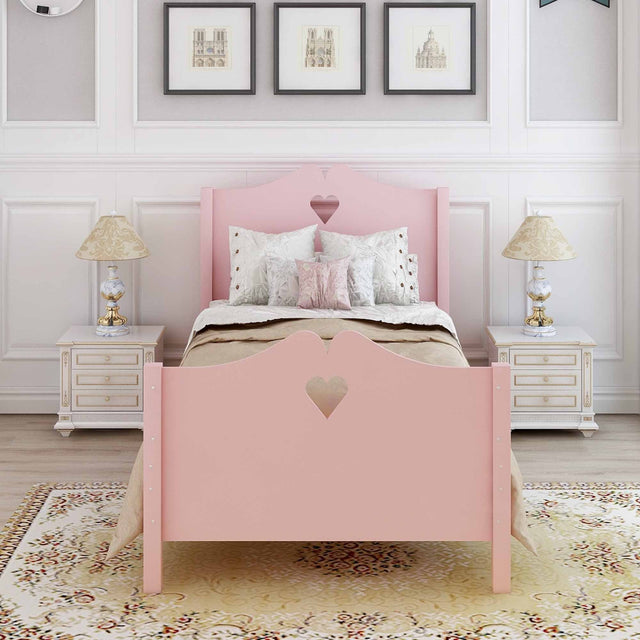 Twin Size Wood Platform Bed with Headboard,Footboard and Wood Slat Support (Pink)