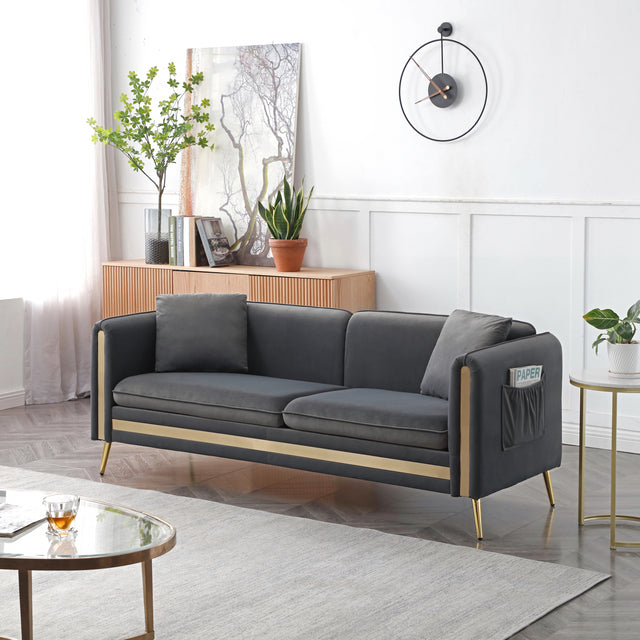 77.2” Modern Upholstered Velvet Sofa 3 Seater Couch with Removable Cushions Side Pocket Mid-Century Tufted Living Room Set Gold Metal Legs,2 Pillows Included,Grey