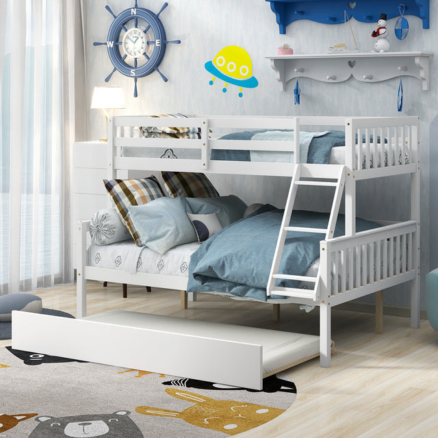 Twin Over Full Bunk Bed with Trundle, Convertible into 2 Beds, the Bunk Bed with Ladder and Safety Rails for Kids, Teens, Adults, White (Old Sku:W504S00030)