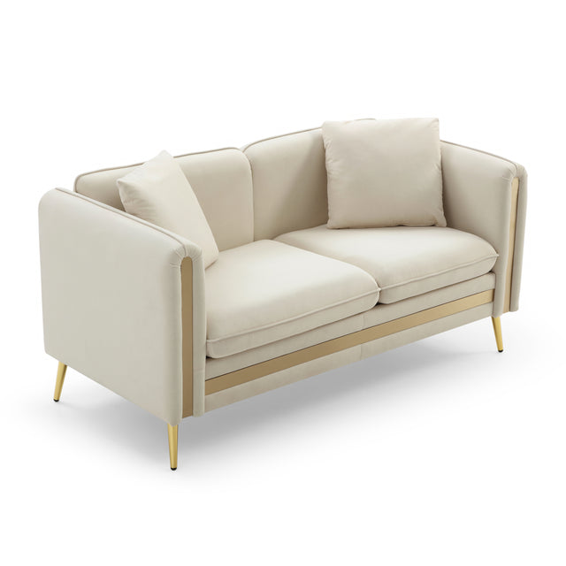 59” Modern Upholstered Velvet Loveseat Sofa 2 Seater Couch with Removable Cushions Side Pocket Mid-Century Tufted Living Room Set Gold Metal Legs,2 Pillows Included,Beige