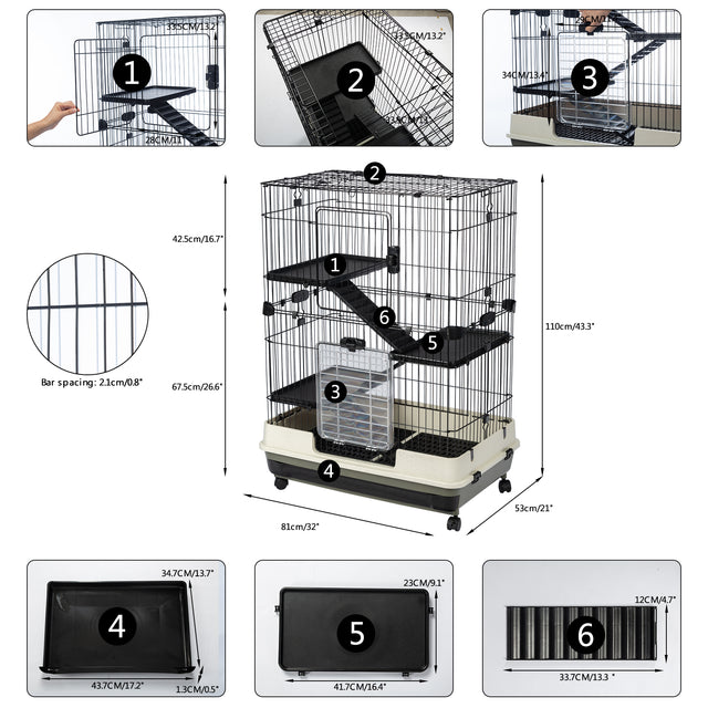4-Tier 32"Small Animal Metal Cage Height Adjustable with Lockable Casters Grilles Pull-out Tray for Rabbit Chinchilla Ferret Bunny Guinea Pig Squirrel Hedgehog(BLACK)(=OLD SKU:W69133214)
