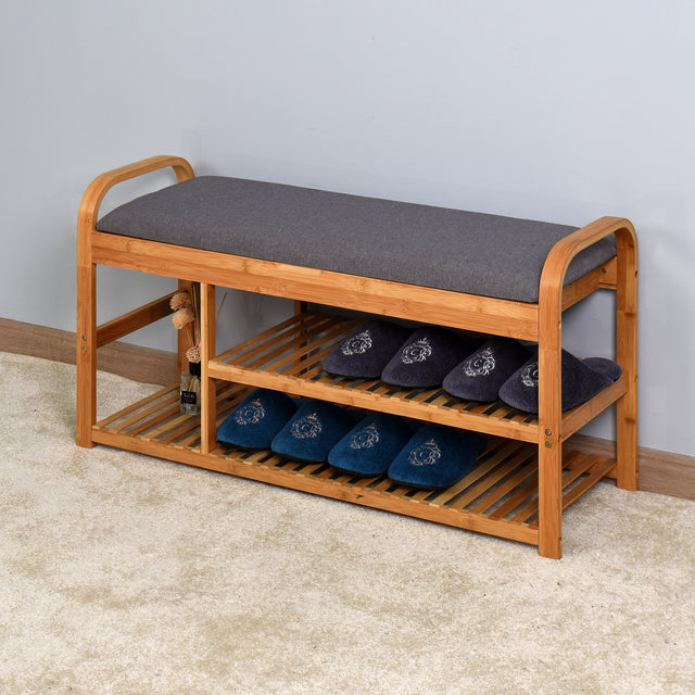 Living Room Bamboo Storage Bench, Entryway 3 Shelves Bench with flip storage compartment 39.37 x 13 x 19.88 inch