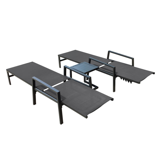 Outdoor 3-Pcs Set Chaise Lounge Chairs With Table,Five-Position Adjustable Aluminum Recliners Set,All Weather For Patio,Beach,Yard, Pool(Grey Frame/Dark Gray Fabric)