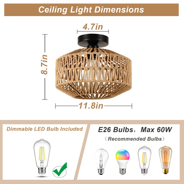 Mini Rattan Flush Mount Light with Dimmable LED Bulb