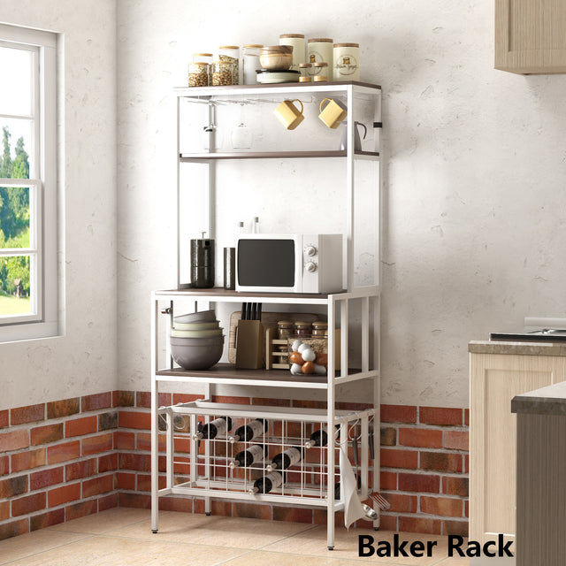TOPMAX Updated Industrial Modern 5-Tier Baker Rack, Freestanding Bar Wine Rack Table with Glass& Cup Holders&Hooks, Dark Brown
