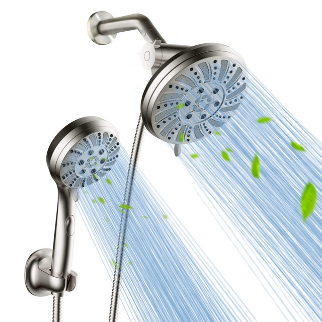 Shower Head Combo - 4.5" 6-Setting Handheld Showerhead and 7" 5-Setting Rainfall Spray, One Click for High Pressure/Trickle Mode, with 70β Longer Stainless Steel Hose, Brushed Nickel