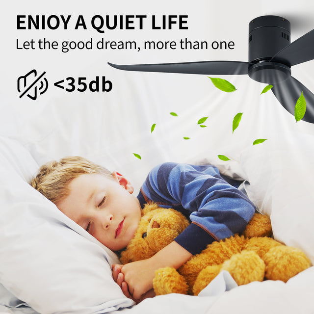 32 Inch Black Flush Mount Ceiling Fan with Light