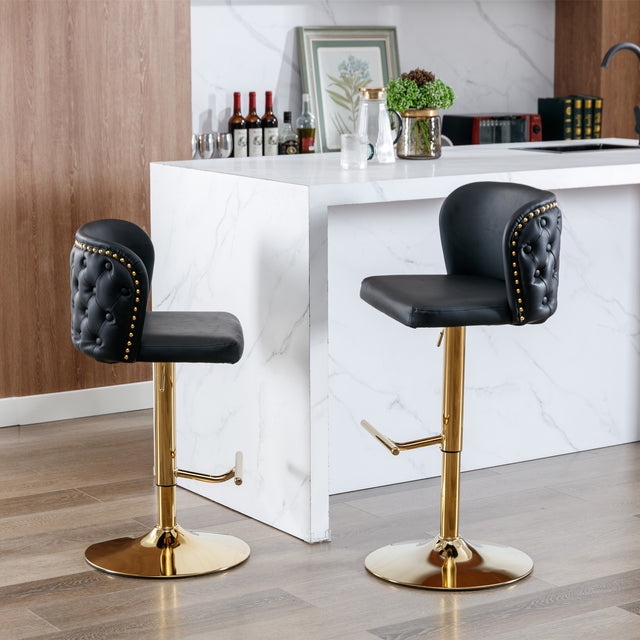 A&A Furniture,Swivel Barstools Adjusatble Seat Height, Modern PU Upholstered Bar Stools with the whole Back Tufted, for Home Pub and Kitchen Island(Black, Set of 2)