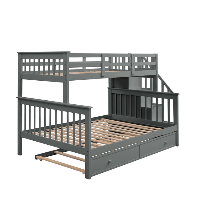 Stairway Twin-Over-Full Bunk Bed with Twin size Trundle, Storage and Guard Rail for Bedroom, Dorm, for Adults, Gray(OLD SKU :LP000119AAE)