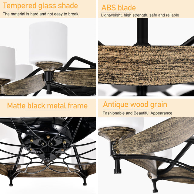 Matte Black Ceiling Fans With Remote Control 8 lights, DC Motor, 3 ABS Blades, Multi-Speed, Reversible Airflow, Timing and Anti-theft function, indoor transitional Ceiling Fan, ETL&FCC Certification