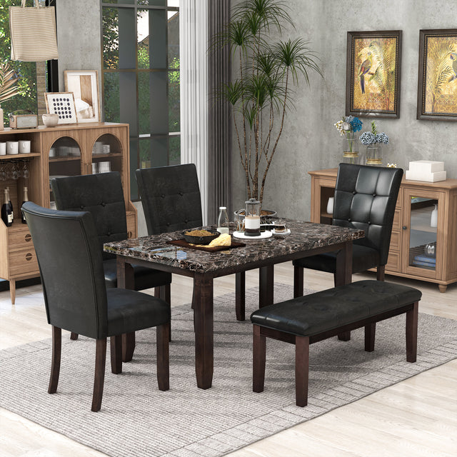 6-piece Faux Marble Dining Table Set with one Faux Marble Dining Table ,4 Chairs and 1 Bench, Table: 60”x38”x 30”,Chair: 20.2”x28.5”x39”, Black