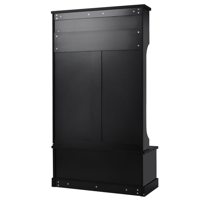 ON-TREND Hall Tree Entryway Bench with Shelves Cabinet and Four Hooks, 3-in-1 Design, Black