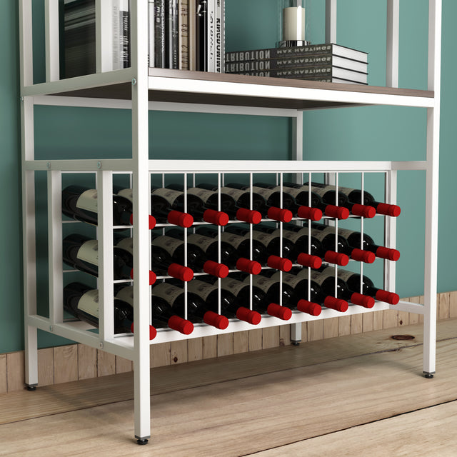 TOPMAX Updated Industrial Modern 5-Tier Baker Rack, Freestanding Bar Wine Rack Table with Glass& Cup Holders&Hooks, Dark Brown