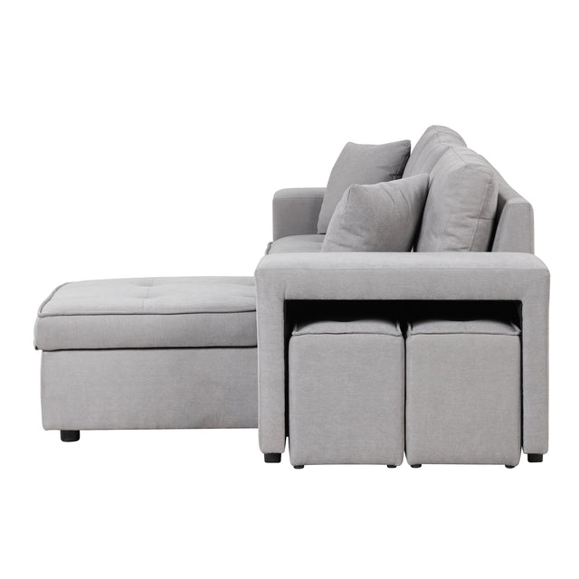 104" Pull Out Sleeper Sofa Reversible L-Shape 3 Seat Sectional Couch with Storage Chaise and 2 Stools for Living Room Furniture Set,Gray