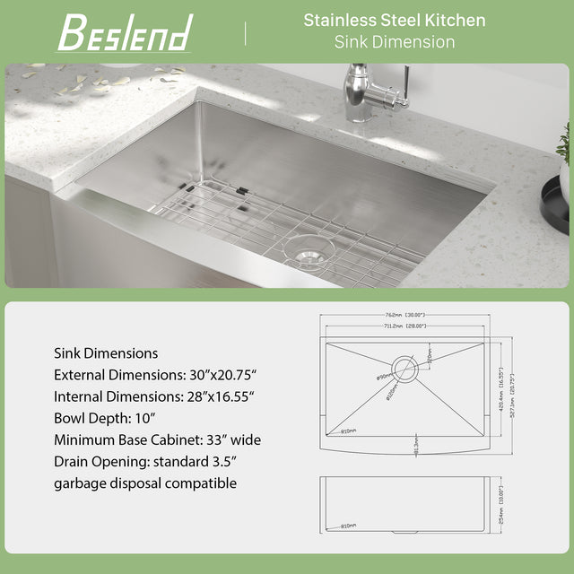 30 Inch Farmhouse Kitchen Sink - 30”x21”x10” Stainless Steel Apron Front Farmhouse Sink 10 Inch Deep 16 Gauge Single Bowl Kitchen Sink Basin