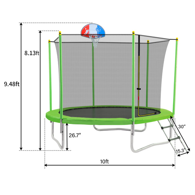 10FT Trampoline for Kids with Safety Enclosure Net, Basketball Hoop and Ladder, Easy Assembly Round Outdoor Recreational Trampoline