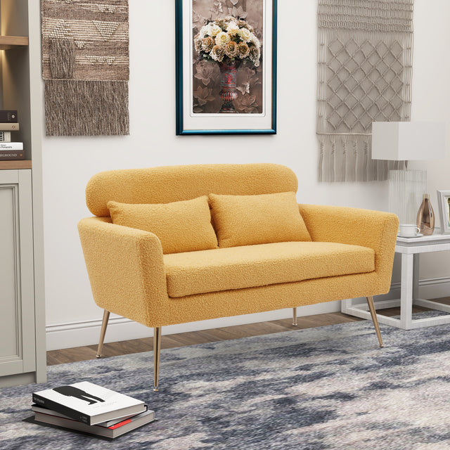51"W Modern Boucle Loveseat Small Sofa Small Mini Room Couch Two-Seater Sofa With 2 Throw Pillows Gold Metal Legs for Small Space Office Studio Apartment Bedroom, Yellow Boucle