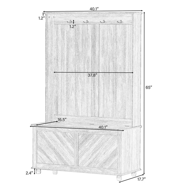 U-Can Hall Tree with 4 Hooks , Coat Hanger, Entryway Bench, Storage Bench, 3-in-1 Design, 40INCH, for Entrance, Hallway (White)