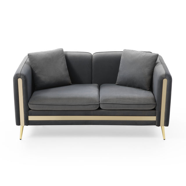 59” Modern Upholstered Velvet Loveseat Sofa 2 Seater Couch with Removable Cushions Side Pocket Mid-Century Tufted Living Room Set Gold Metal Legs,2 Pillows Included,Grey