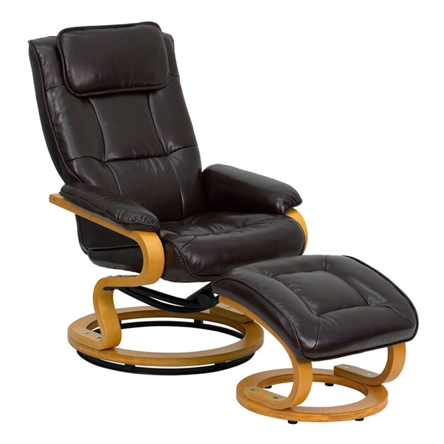 Contemporary Brown Leather Recliner and Ottoman with Swiveling Maple Wood Base