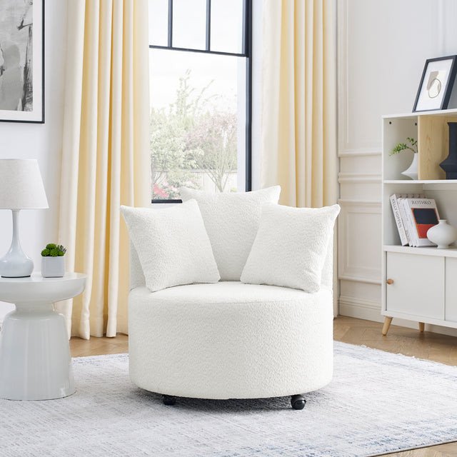 Loop Yarn Upholstered Accent Swivel Chair for Living Room Bedroom, with Movable wheels, Including 3 pillows, Beige