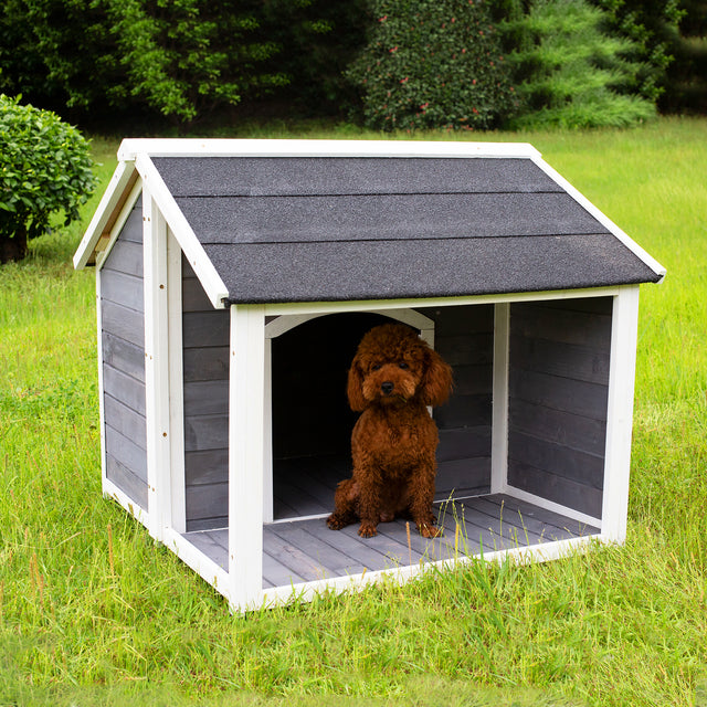 Large Outdoor Wooden Dog House, Waterproof Dog Cage, Windproof and Warm Dog Kennel with Porch Deck