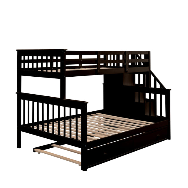Stairway Twin-Over-Full Bunk Bed with Twin size Trundle, Storage and Guard Rail for Bedroom, Dorm, for Adults, Espresso (OLD SKU :LP000119AAP)