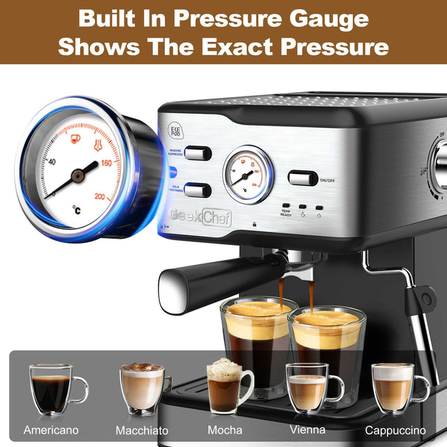 Espresso Machine 20 Bar Pump Pressure Cappuccino latte Maker Coffee Machine with ESE POD filter&Milk Frother Steam Wand&thermometer, 1.5L Water Tank, Stainless steel Espresso Complimentary ESE Filter