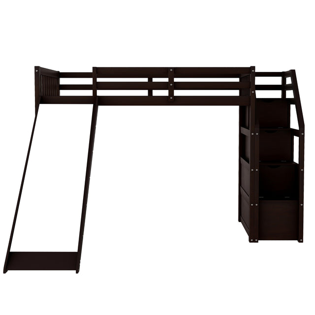 Twin Size Loft Bed with Storage and Slide, Espresso