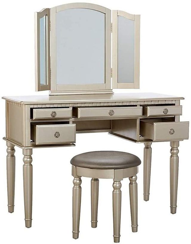 Bedroom Contemporary Vanity Set w Foldable Mirror Stool Drawers Silver Color