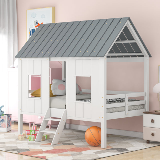 Twin Size Low Loft House Bed with Roof and Two Front Windows , White