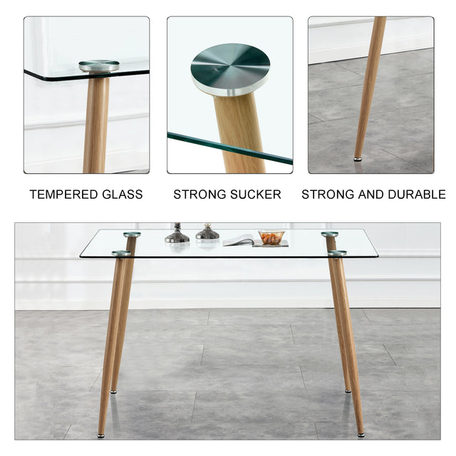 Modern Minimalist Rectangular Glass Dining Table for 4-6 with 0.31" Tempered Glass Tabletop and Wood color Coating Metal Legs, Writing Table Desk, for Kitchen Dining Living Room, 47" W x 31"D x 30" H