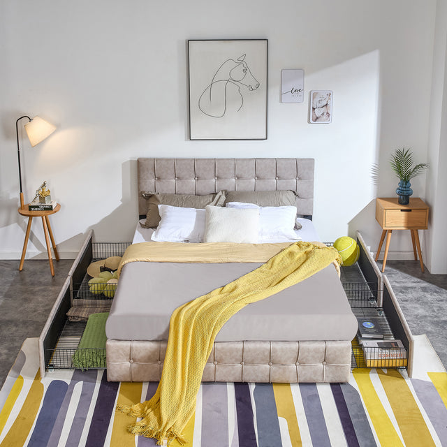 Upholstered Storage Bed Frame with 4 Drawers and Adjustable Headboard, Square Stitched Button Tech cloth, Platform Beds Frame with Wood Slat Support, No Box Spring Needed, Queen Size, Beige