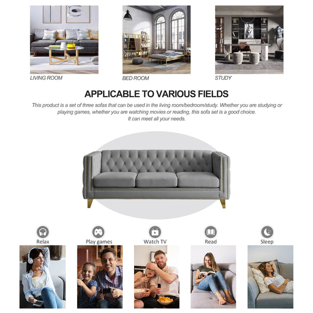 {Contact us for 3D modeling} Velvet Sofa for Living Room,Buttons Tufted Square Arm Couch, Modern Couch Upholstered Button and Metal Legs, Sofa Couch for Bedroom, Grey Velvet