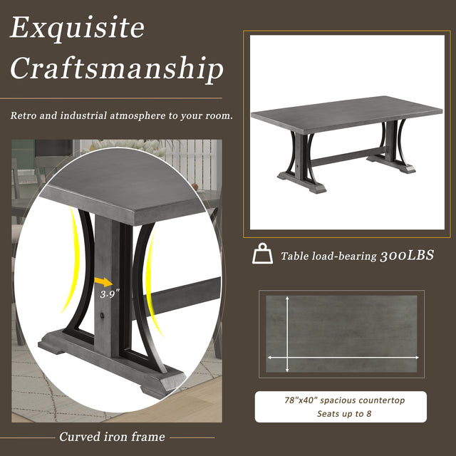 TREXM Retro Style Dining Table 78" Wood Rectangular Table, Seats up to 8 (Gray)